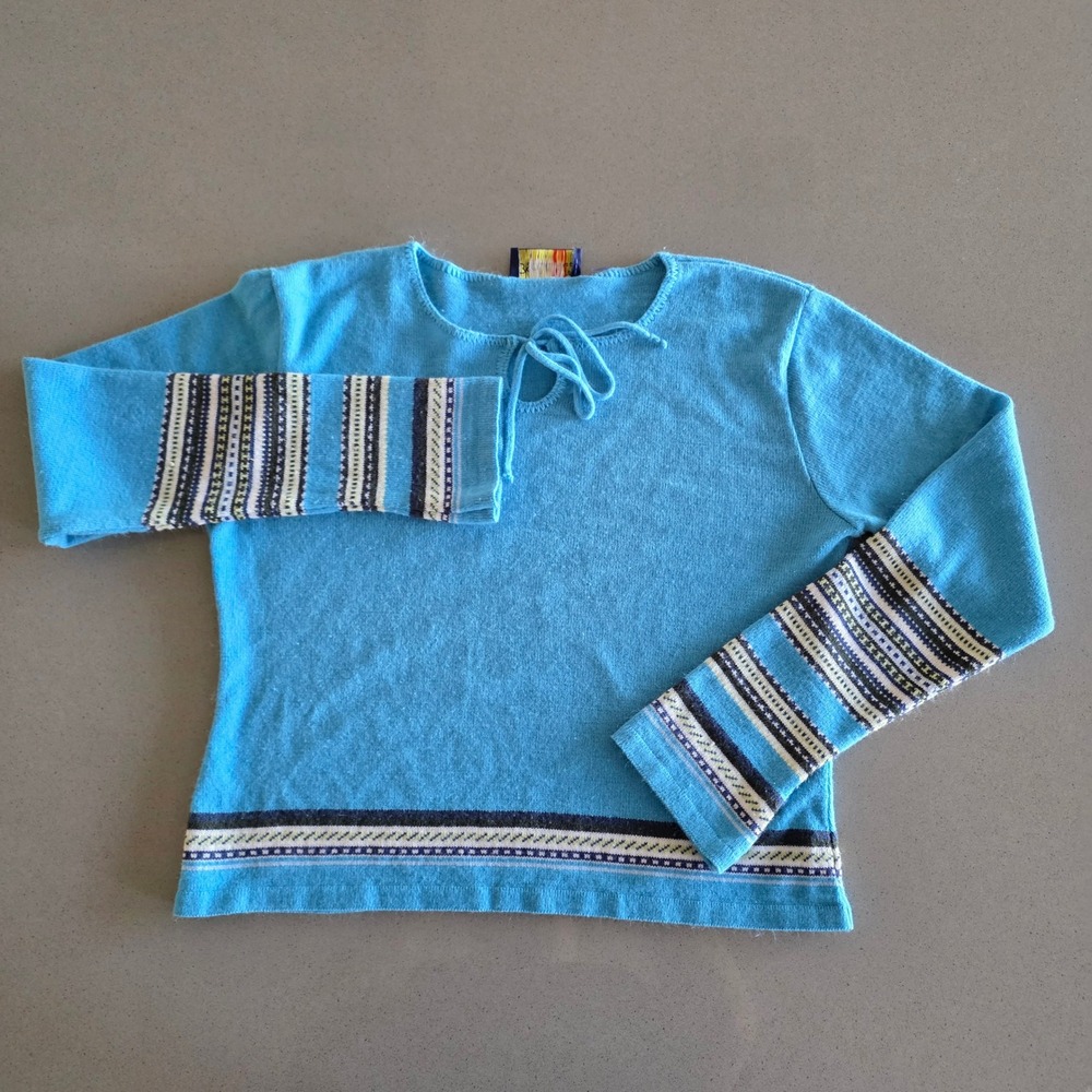 Absolutely Blue Fair Isle Trim Keyhole Tie Neck Knit Sweater Turquoise Small